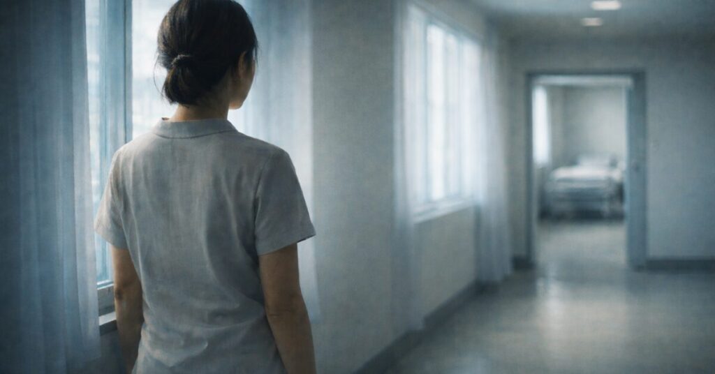 病院の廊下に立ち、先の病室を見つめる看護師管理職の後ろ姿