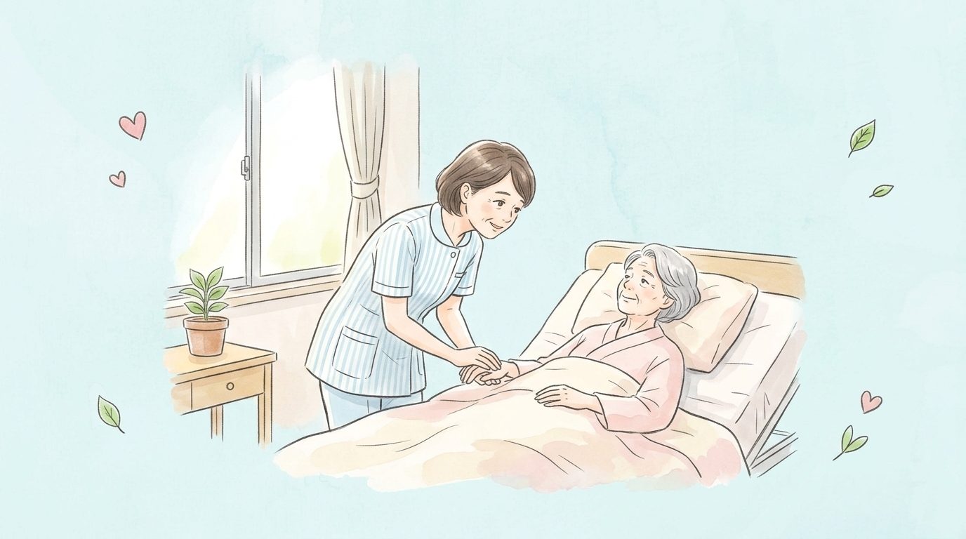 患者さんの手を握る看護師のベッドサイドケア