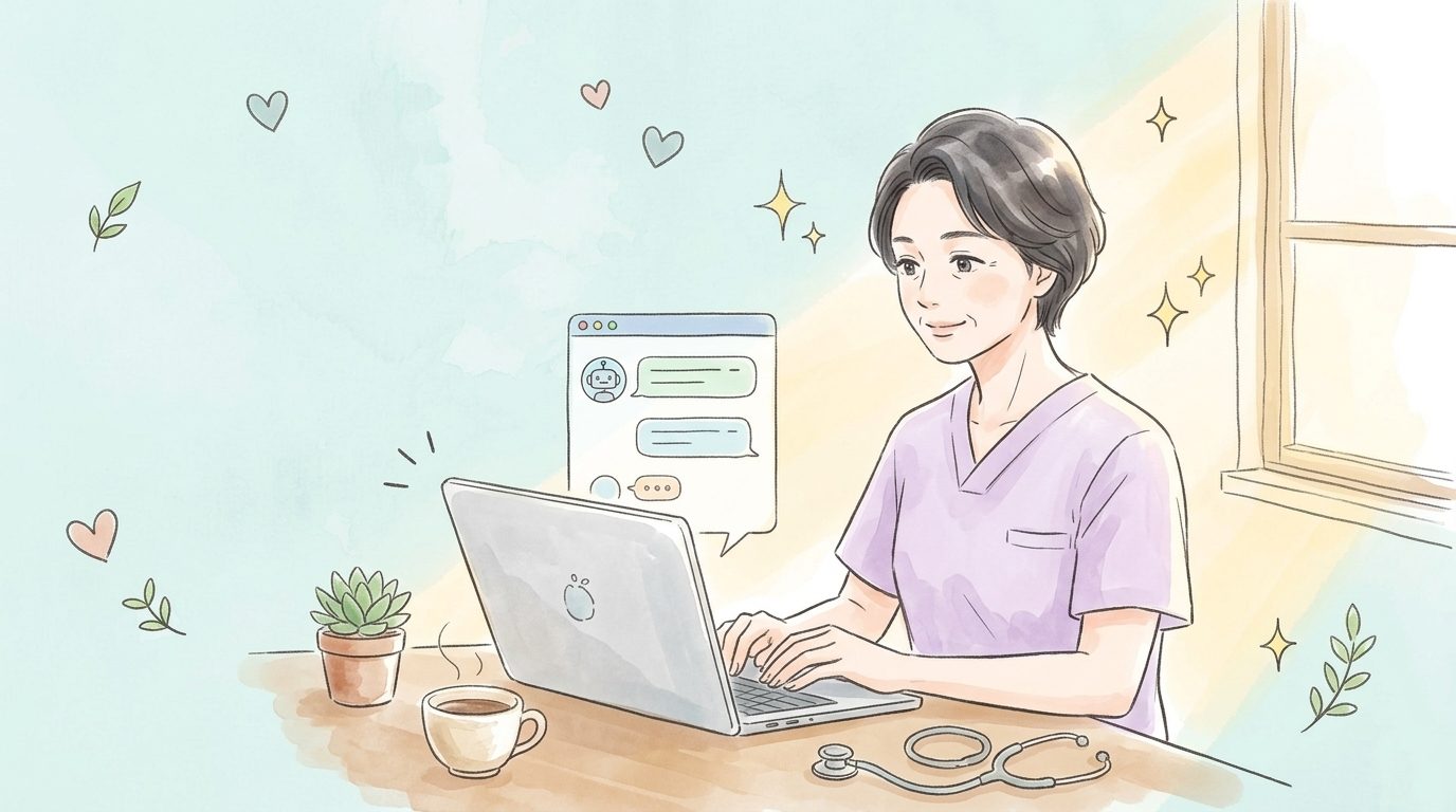 ノートPCでAIチャットを使う看護師