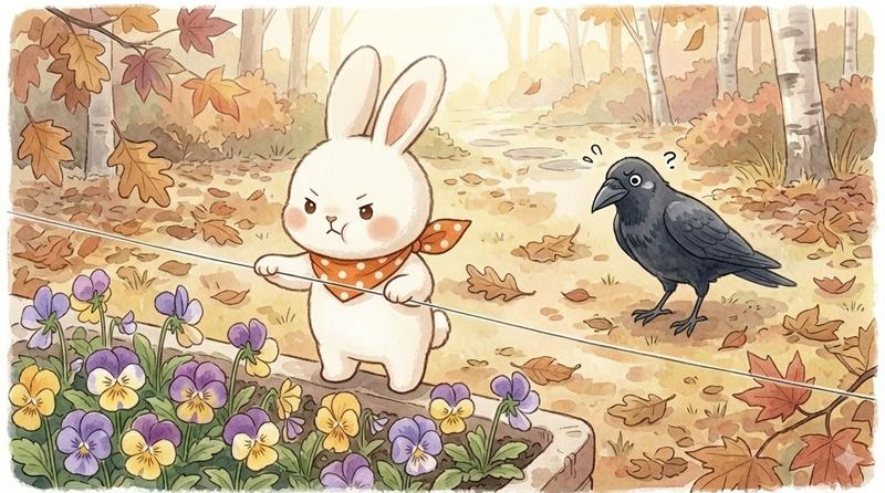 うさうさがカラスからビオラを守るイラスト