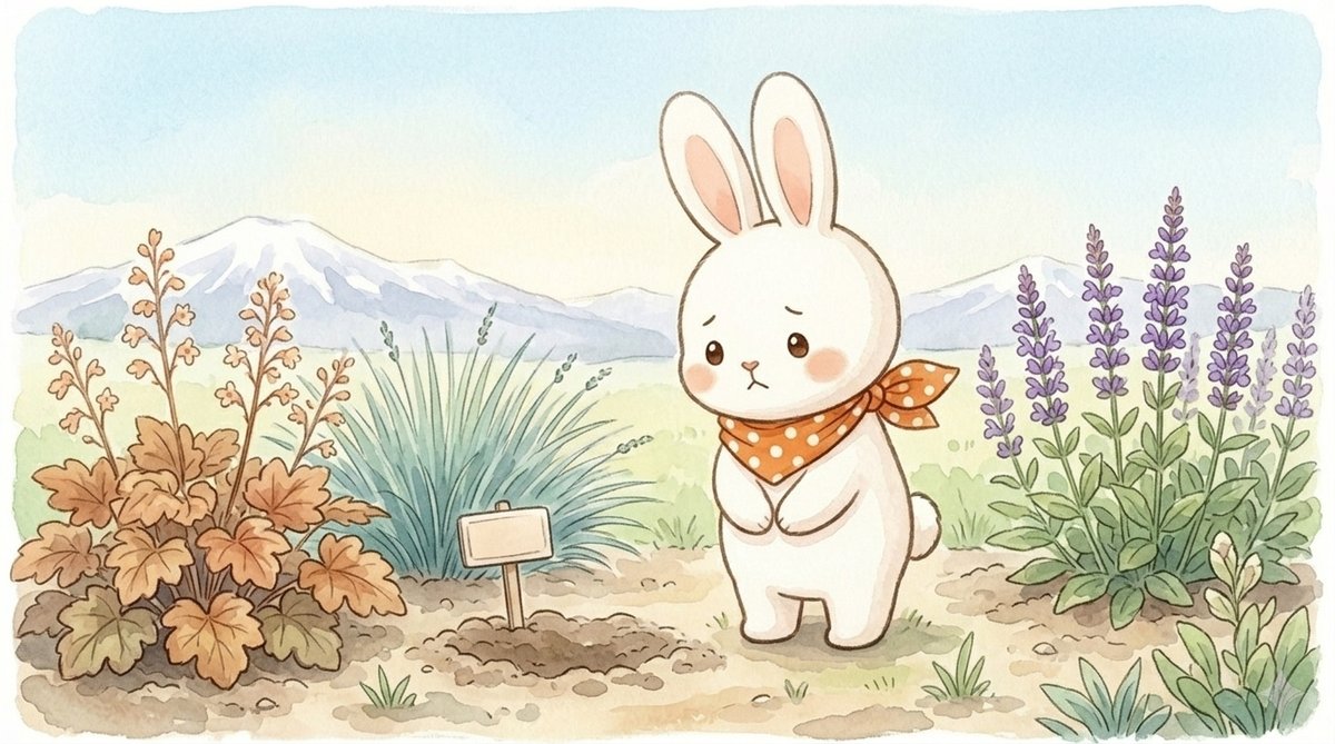 失敗から学んだ庭で立つうさうさ。空の植え場所と元気な宿根草が共存する春の庭。