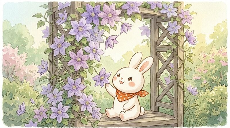 うさうさとクレマチスの庭のイラスト