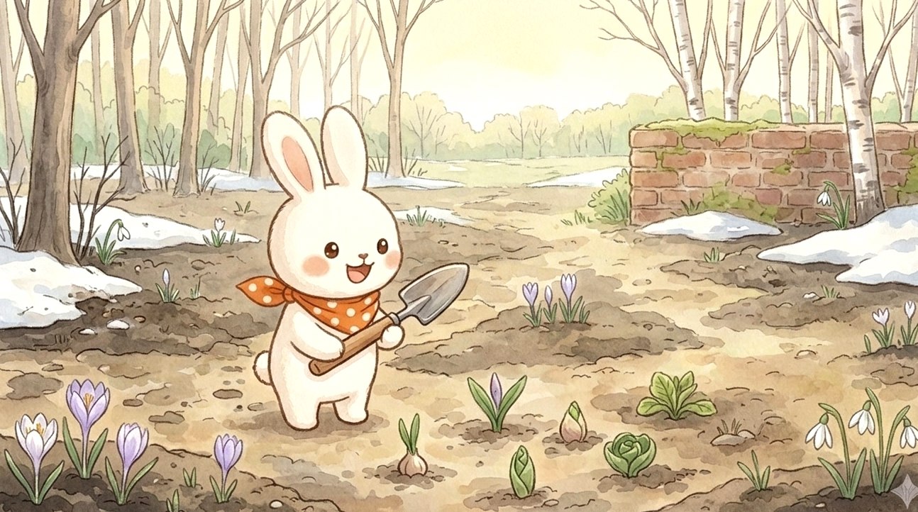 春の庭で芽吹きを観察するうさうさのイラスト