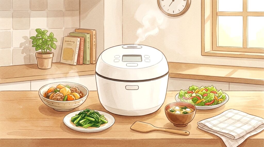 ホットクックで完成した料理の並んだ北欧系キッチン