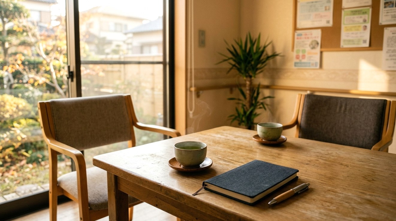 面談前の静けさ。お茶2杯と開いたノート