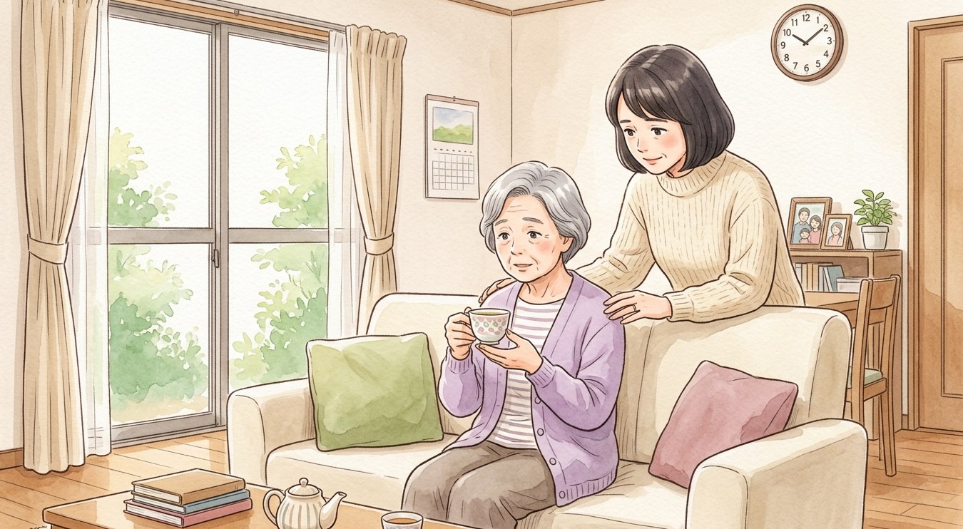 認知症の初期サインに気づいた看護師の娘と、ソファに座る母