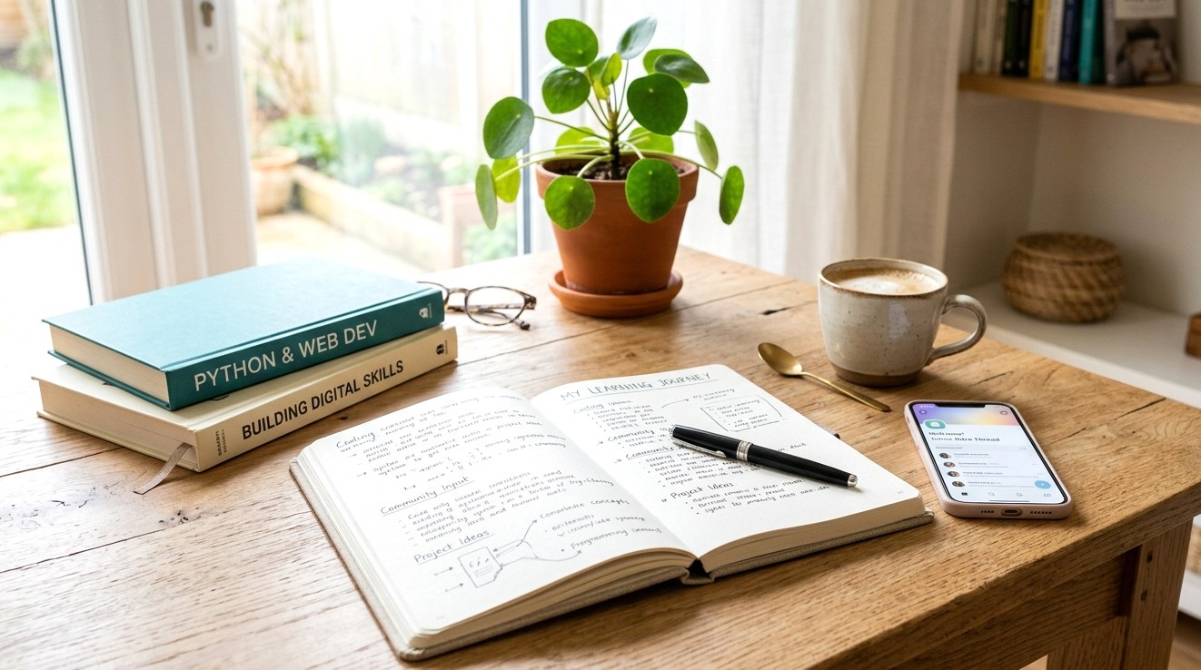 新しいスキルを学ぶデスク。Pythonの本とノート、植物のある朝の学習風景