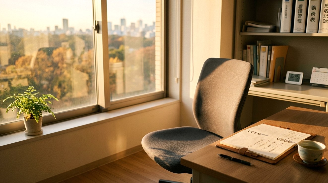 管理職の孤独。窓辺の椅子と夕日