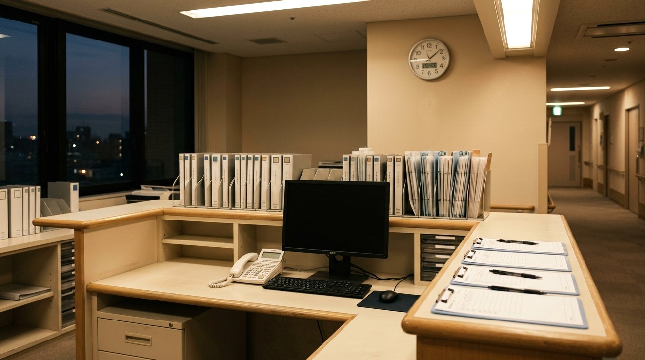夜の詰所カウンター。カルテとPCモニタが並ぶ業務後の静けさ