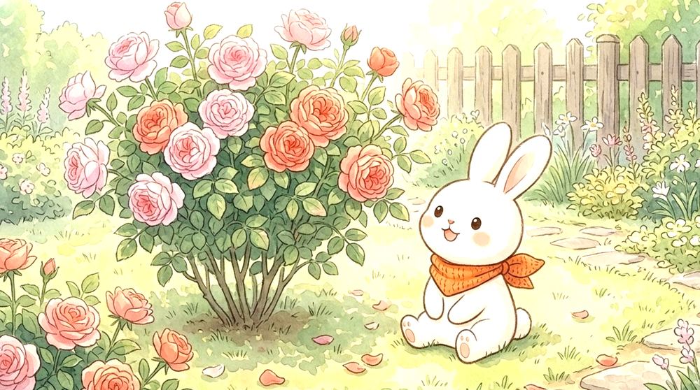 うさうさとピンクのバラの庭のイラスト