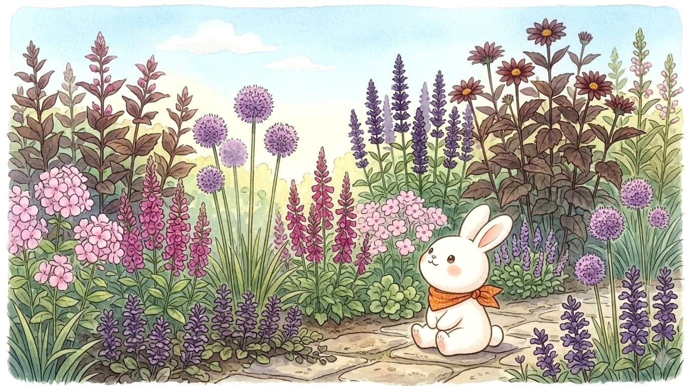 春から夏のリレー花壇を見渡すうさうさのイラスト