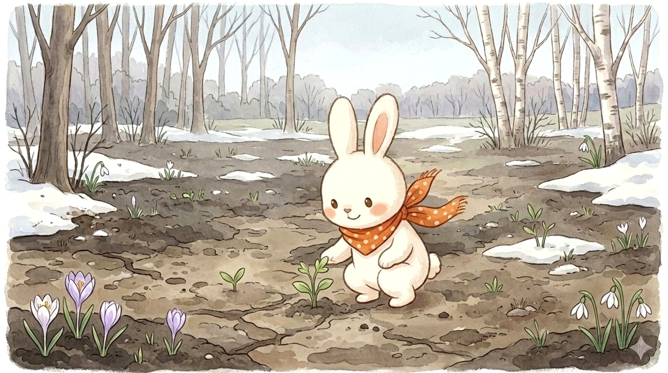 うさうさと雪解けの庭のイラスト