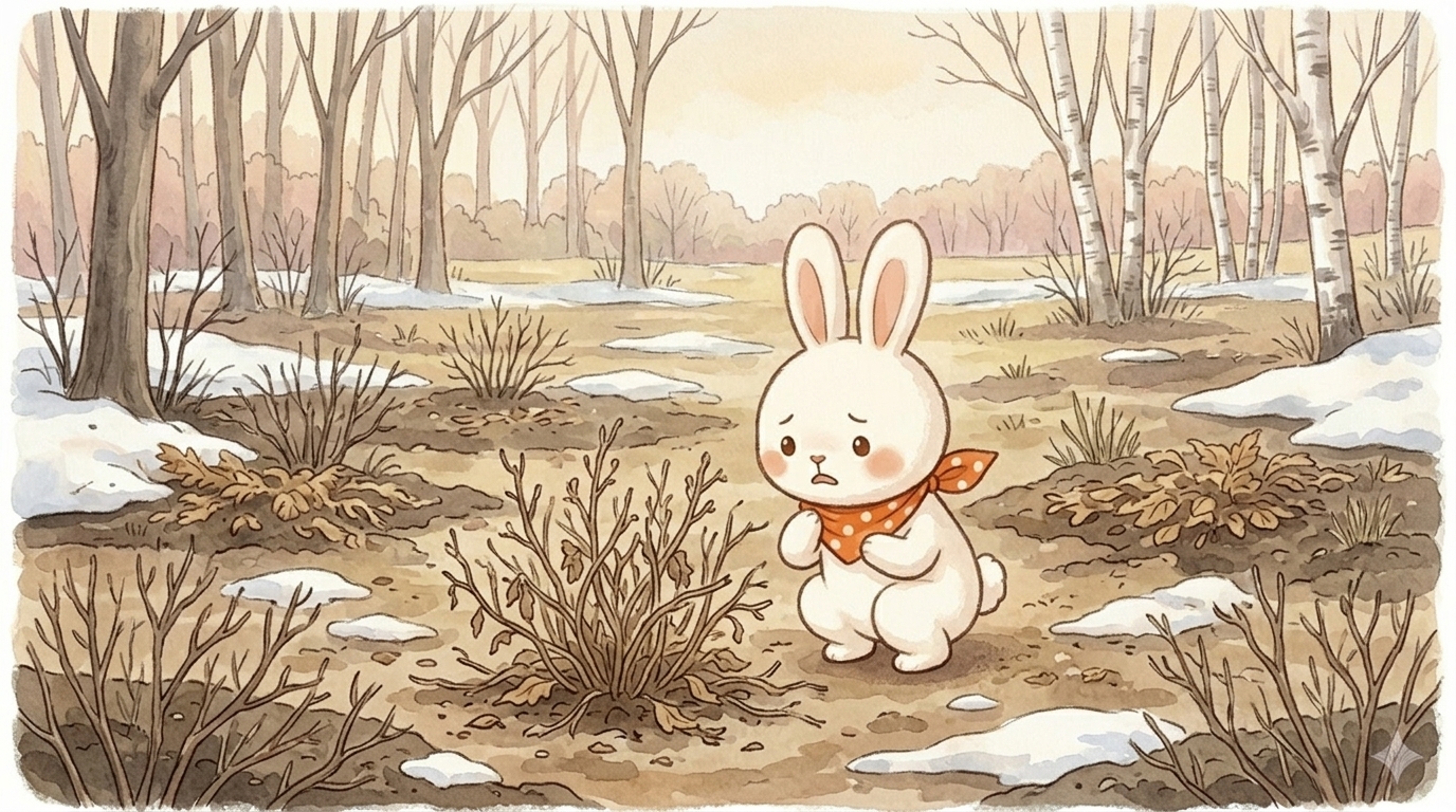 雪解け直後の枯れ枝を心配そうに見つめるスカーフうさうさ