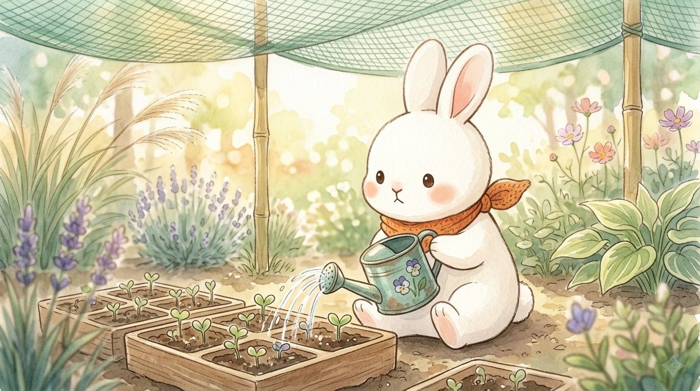 ビオラの芽に水をあげるうさうさ