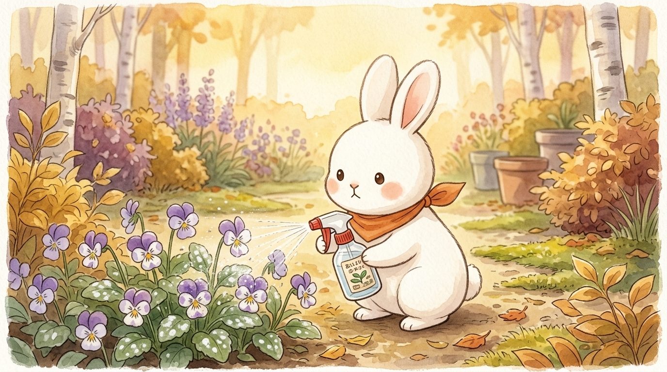 ビオラにスプレーするうさうさ