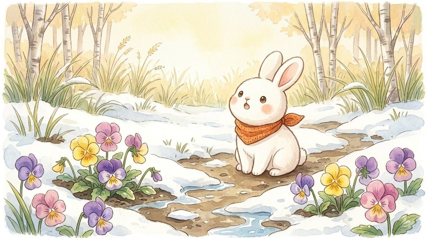 雪解けの庭でビオラと再会するうさうさ