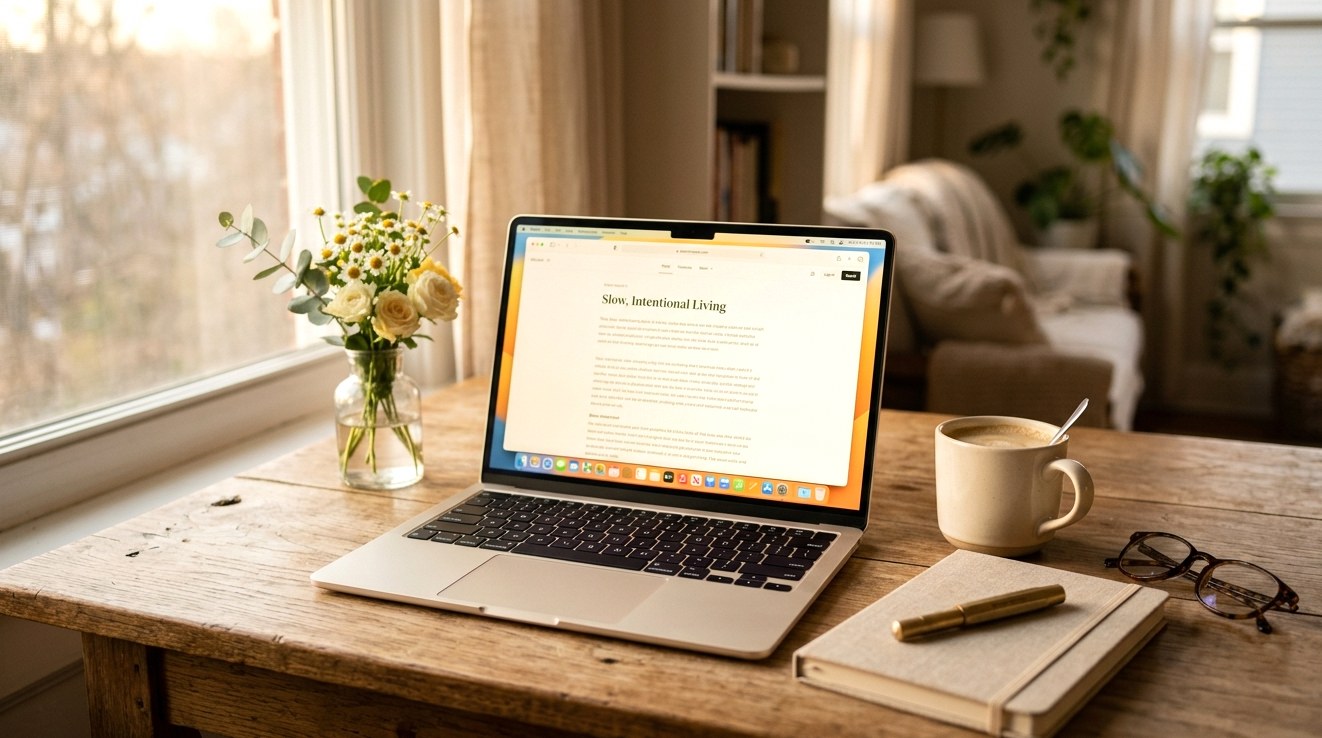 窓辺の机でMacBookを開いてブログを書く。コーヒーとノートと植物のある執筆風景