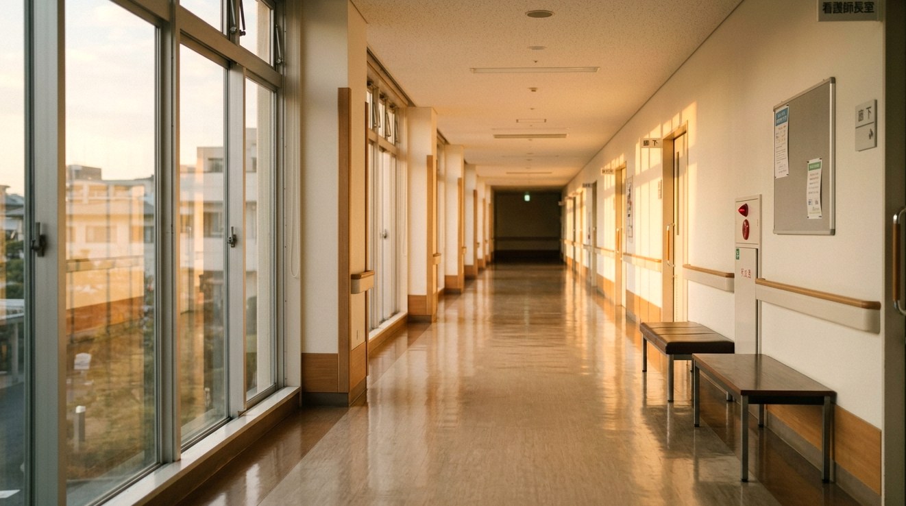 夕日が差す病院の廊下。歩み終えた道