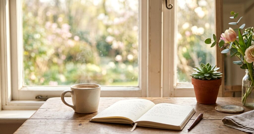 看護管理職を辞めた朝のテーブル。コーヒーとノートと春の庭