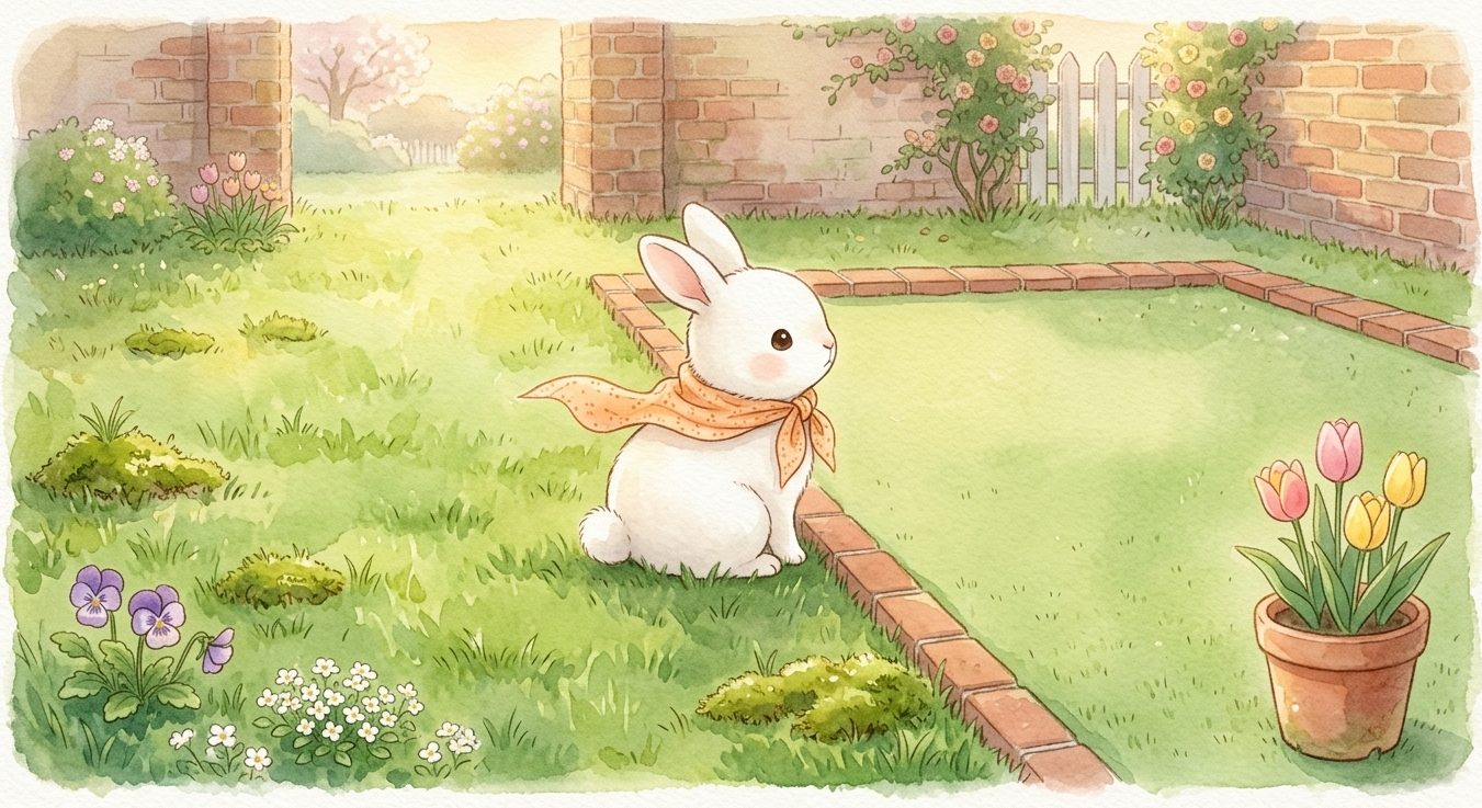 天然芝と人工芝の境界に座って振り返るうさうさ