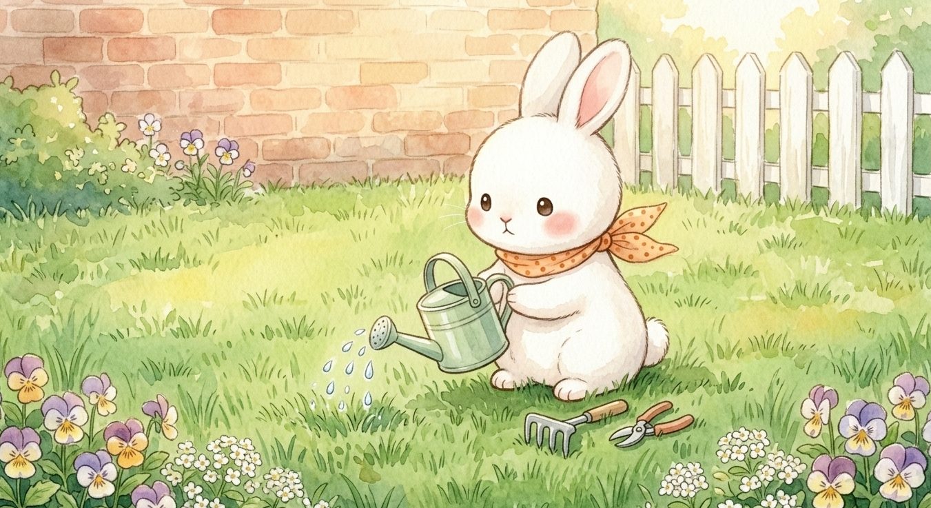 水やりをする芝庭うさうさ