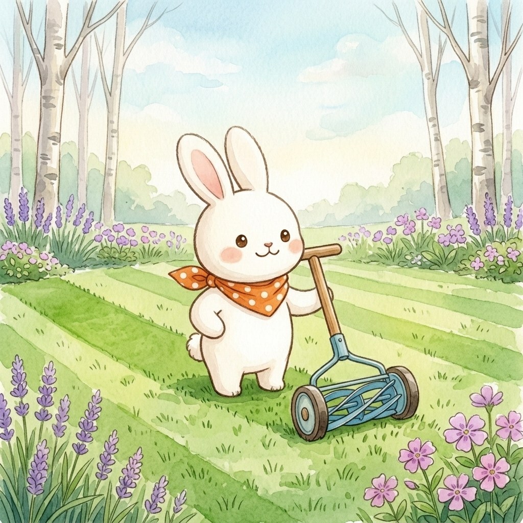 芝刈り後の庭で誇らしげに立つうさうさ