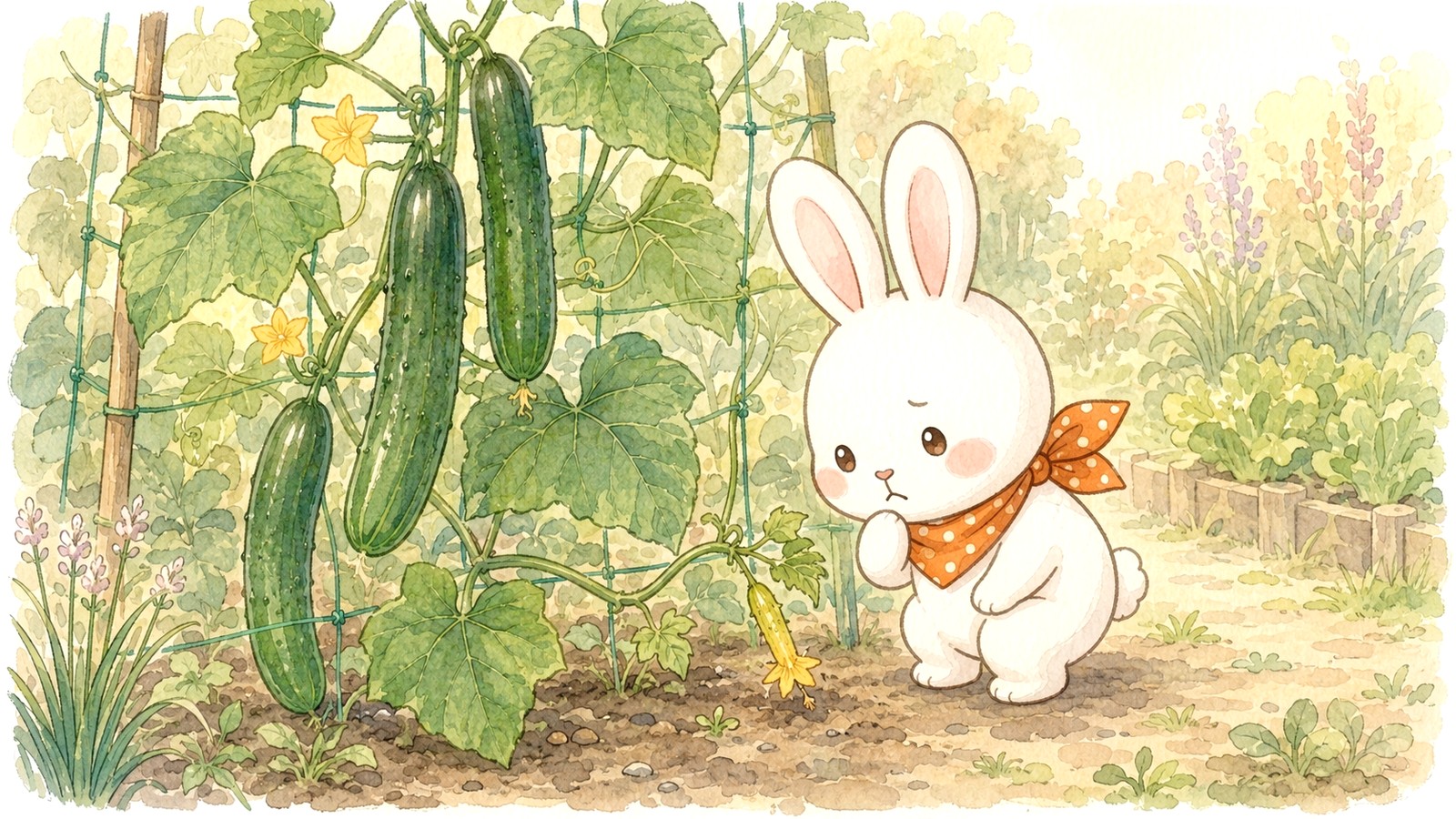 きゅうりの支柱の下で、黄色い小さな実を見ているうさうさのイラスト